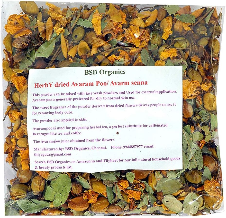 BSD Organics HerbY Dried Avaram Poo/ Avarm senna/ Senna Auriculata / Tanner's cassia / Tamgedu for tea, skin care and more - 200 Gm / 7.05 Oz