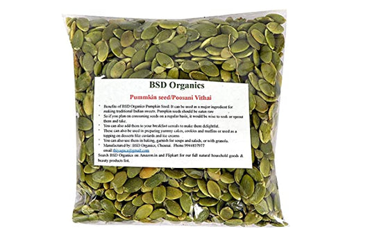 BSD Organics Raw Pummkin seed / Poosani Vithai/ kaddoo ka beej for baking, garnish soups and salads, yummy cakes, cookies and muffins (1 Kilogram / 2.2 Pound)