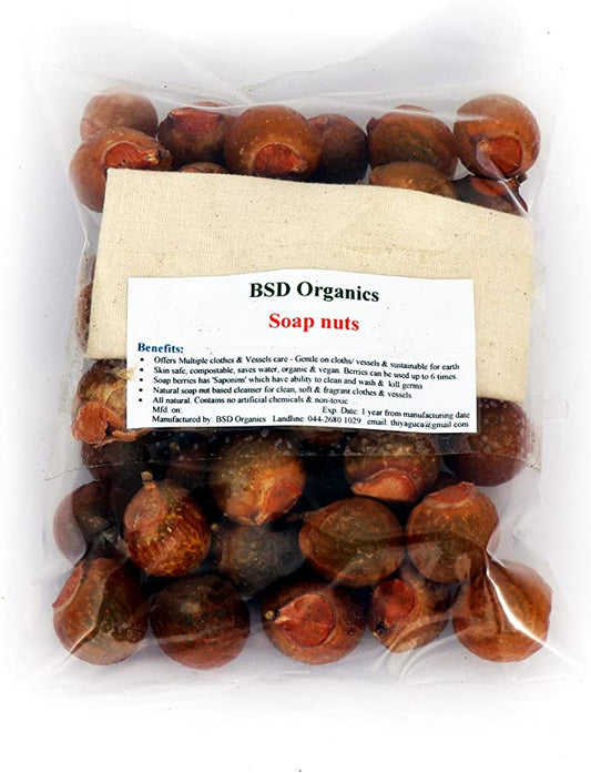 BSD Organics Soap Nuts (Reetha, Areetha, kunkudukaialu) - 200 Grams (Free Pouch)(0.44 Pounds)